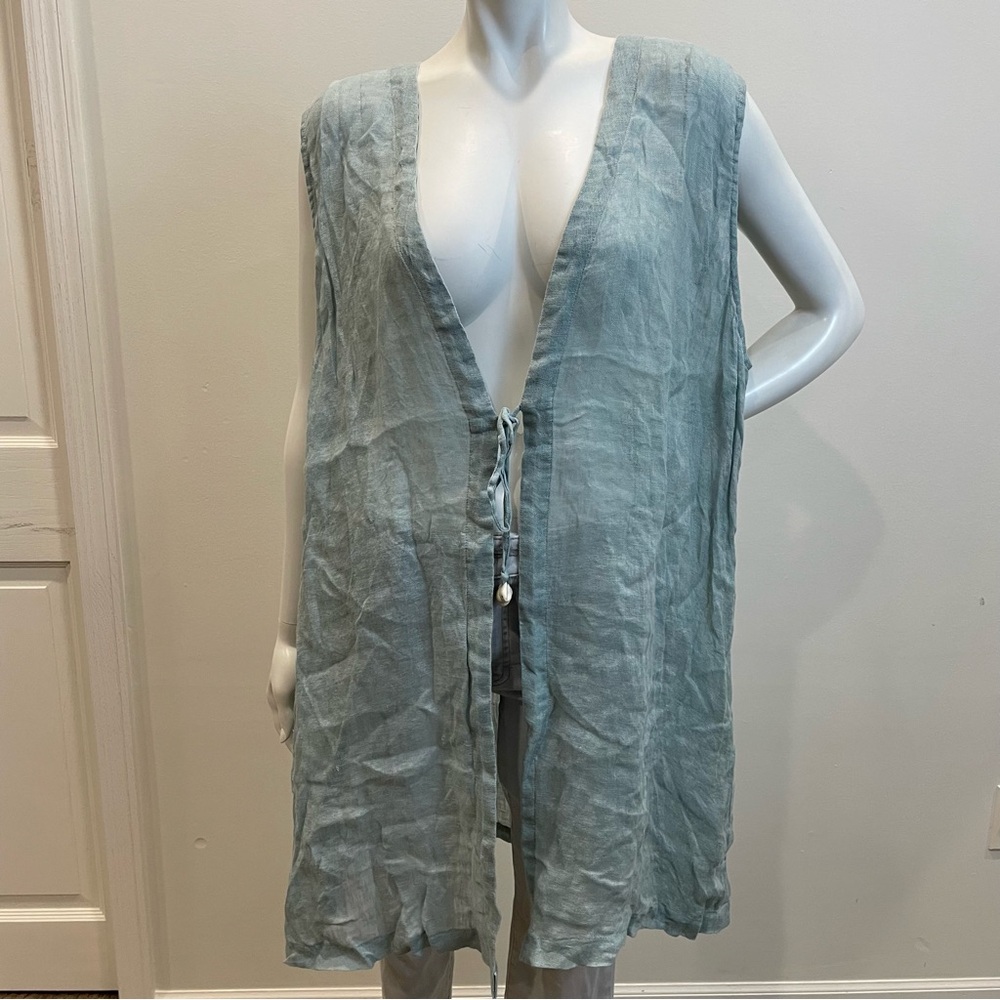 SOFT SURROUNDINGS Light Teal Linen Puka Shell Tunic Length Beach Cover Up